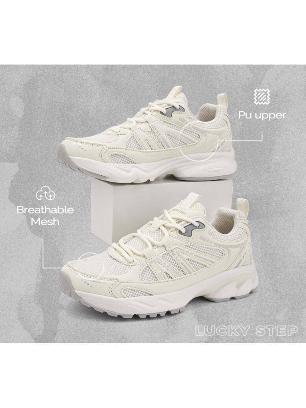 Women's Beige Sport Trendy Athletic Breathable Material Chunky Fashion Sneakers - Picture 3 of 6